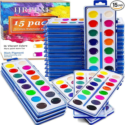 15 Pack Watercolor Paint Set for Kids, 16 Colors Washable Water Colors with Paint Brushes, Washable for Classroom Party Favor Art Activities