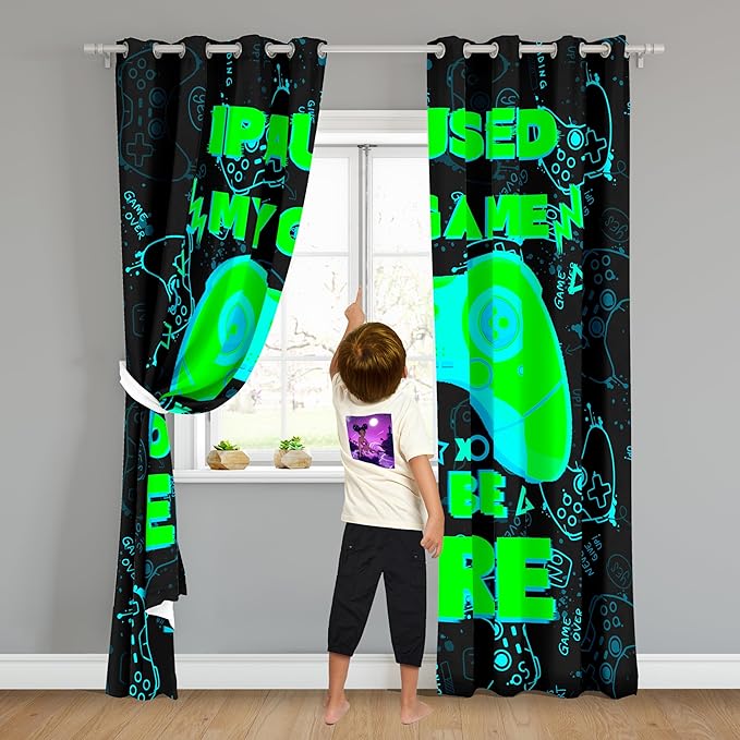 Gaming Gamepad Blackout Curtains - 2Pcs Game Windows Curtain Panels for Teens Boys Bedroom Green Gaming Console Curtains for Boys Kids Room Decor Grommet Top Thermal Insulated, 82 in x 84 in