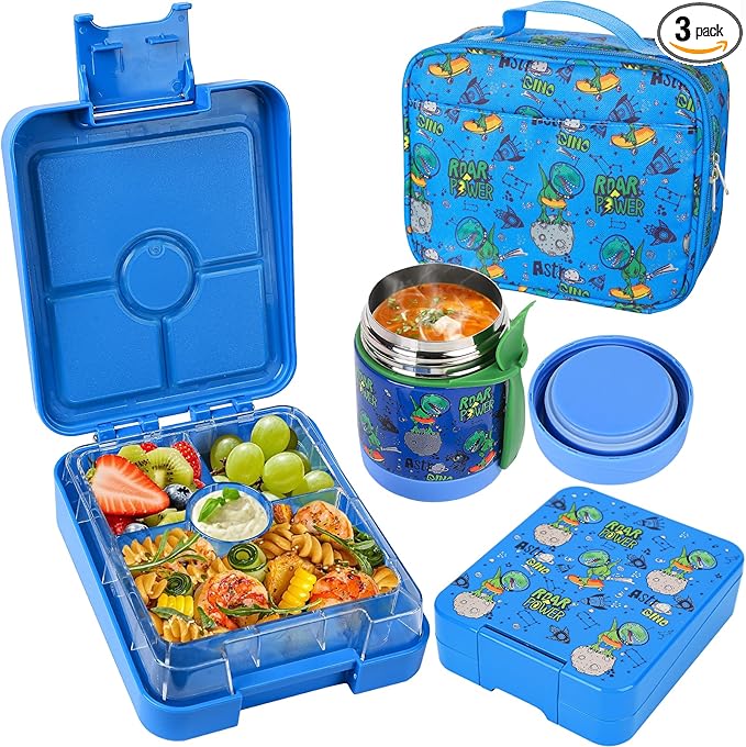 Bento Lunch Box Set With 10oz Soup Thermo, Leak-proof Lunch Containers with 4 Compartment, Kids Hot Thermo Food Jar/Insulation Lunch Bag, Food Containers for School（Dinosaur）