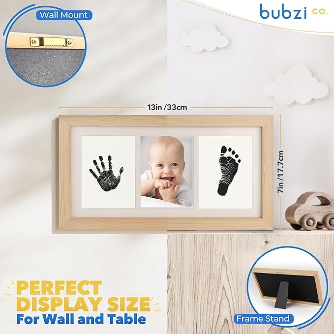 Bubzi Co Baby Handprint Kit & Footprint Photo Frame for Newborn Girls and Boys, Unique Baby Shower Gifts Set for Registry, Memorable Keepsake Decorations for Room Wall or Nursery Decor (Natural Wood)