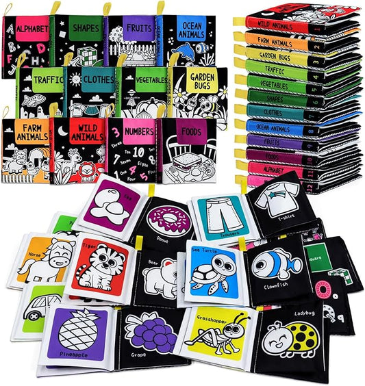 OKOOKO Soft Baby Books Black and White High Contrast 12PCS Soft Cloth Books Bath Books Crinkle Washable Non-Toxic Early Education Preschool Learning Toy for Newborns Babies Infants Toddlers Kids