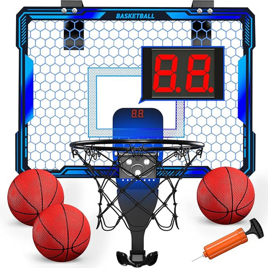 Basketball Hoop Indoor, Mini Basket Ball Hoop with 7 LED Lighting, Scoreboard, Over Door Basketball Hoop with 3 Modes, Volume Adjustable, Foldable, Basketball Toys Gifts for Kids Adults (Blue)