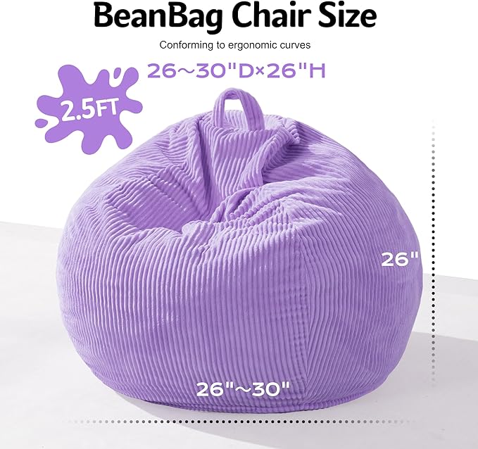 Homguava 2FT Bean Bag Chair,Teardrop Bean Bags Small Beanbag Chair with Memory Foam Filled and Ultra Soft Corduroy Cover for Living Room, Bedroom (Small,Purple)