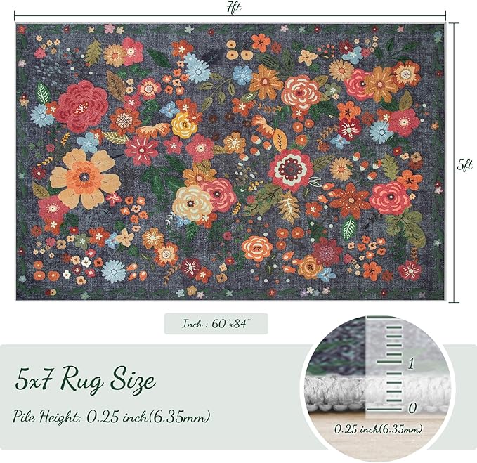 Area Rug Living Room Rugs: 5x7 Washable Rug Vintage Floral Soft Boho Non Slip Carpet Indoor Floor Non Shedding Low Pile Thin Carpets for Bedroom Dining Room Farmhouse Nursery Home Office Black