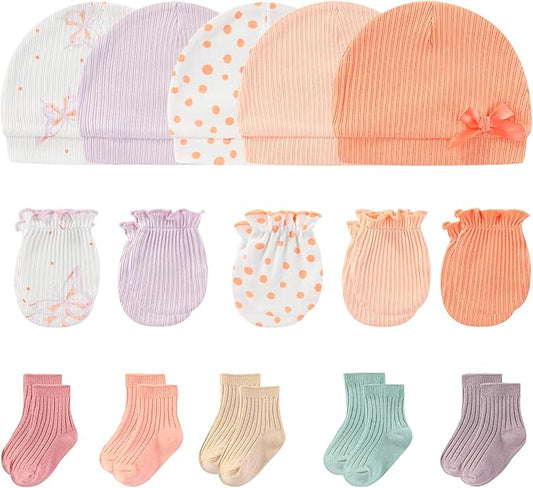 Newborn Baby Boy Girl Caps Mittens Socks Set Cotton Baby Essentials Accessories (Hats+Gloves+Socks)