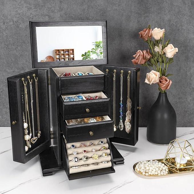 Jewelry Box for Women, Rustic Wooden Jewelry Boxes & Organizers with Mirror, 4 Layer Jewelry Organizer Box Display for Rings Earrings Necklaces Bracelets (Black)