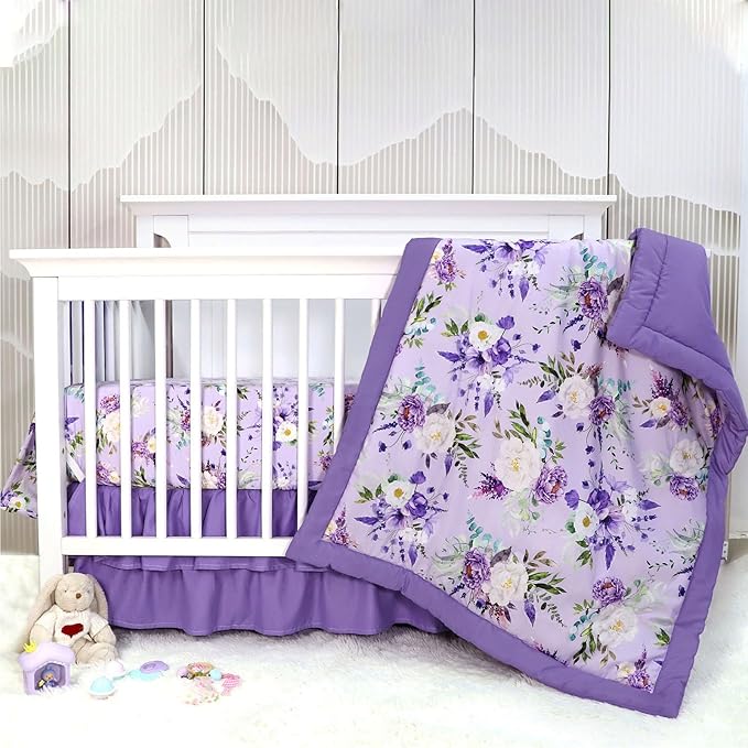 Crib Bedding Set for Girls, Purple Baby Crib Bedding Set 4 Piece, Baby Girl Nursery Bedding Set Including Comforter, Fitted Crib Sheet, Crib Skirt, Diaper Stacker, Floral