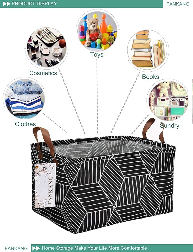 FANKANG Storage Basket,Nursery Hamper Canvas Laundry Basket Foldable with Waterproof PE Coating Storage, Office, Bedroom, Clothes,Toys (Rec-Black Cube)