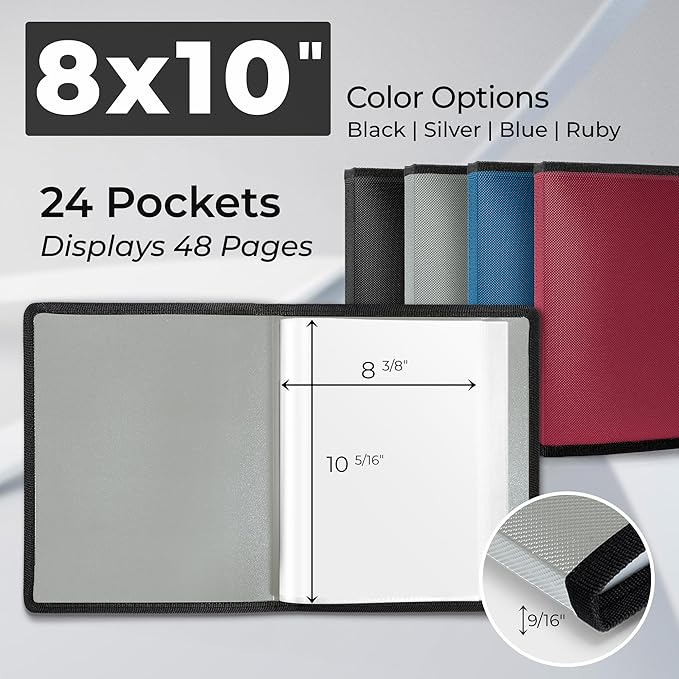 Dunwell Photo Album 8x10 (Silver) with Black Mounting Paper, 8 x 10 Photo & Art Portfolio Presentation Book, 24 Sleeves, Displays 48 Pages, Professional Photography Book for Pictures, Artwork