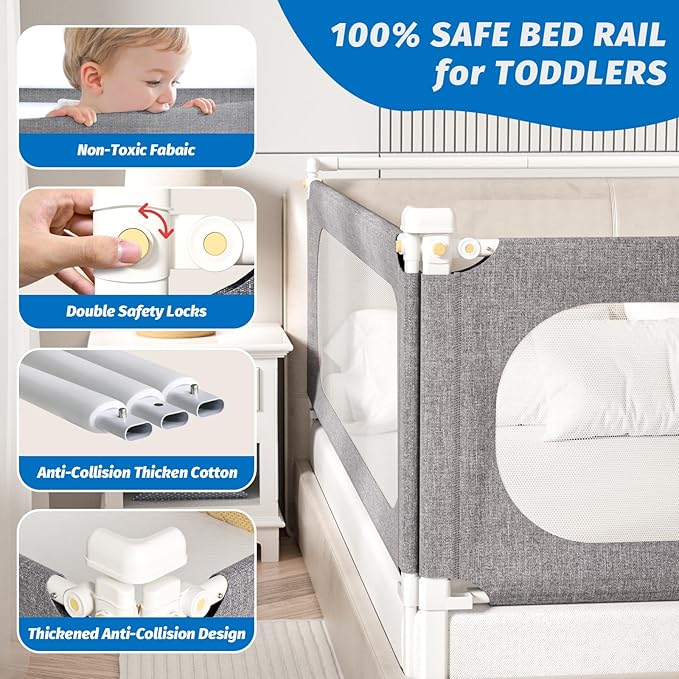3-Piece King Size Bed Rails for Toddlers, with Headboard Rod -Height Adjustable Baby' Safety Bed Rails Guard for King Size Bed(3Pack 78.7"x78.7"x74.8"-Gray)