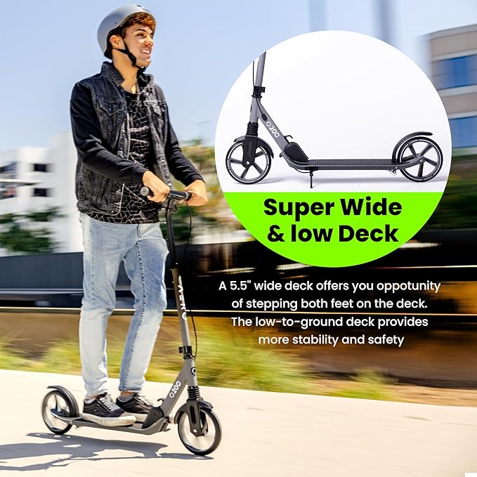 Aero Big Wheels Kick Scooter for Kids 6+, Teens & Adults | Light Up Wheels, Hand Brake, Rubber Deck Mat & Shock Absorption | Foldable & Height Adjustable