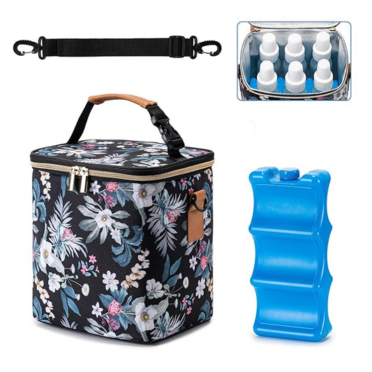 Breastmilk Cooler Bag with Ice Pack Fits 6 Baby Bottles Up to 9 Ounce, Baby Bottle Bag with Shoulder Strap for Nursing Mom Daycare, Floral