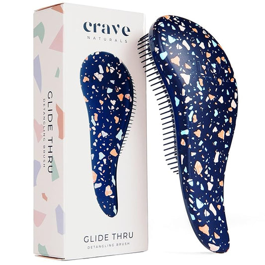 Crave Naturals Glide Thru Hair Brush - Detangler Brush for Curly, Straight, Wet or Dry Hair - Gentle Detangling Brushes for Adults, Kids, Toddlers - Hair Accessories for Women, 7.5"x3" - Terazzo