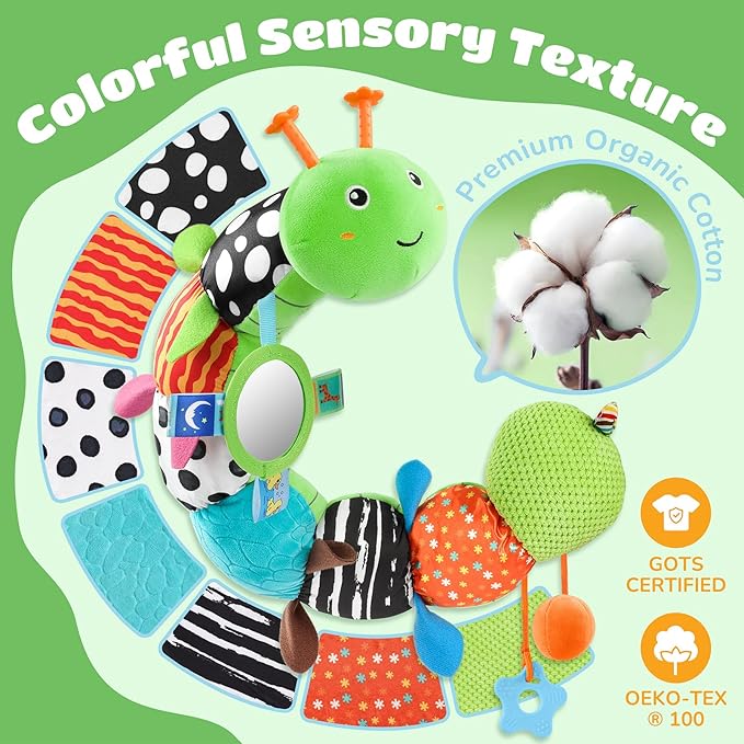 Baby Toys 6-12 Months Music Caterpillar Infant Toys Stuffed Animals 0-3-6 Months Tummy Time Teething Sensory Toys with Mirror Rattle&Pull String for Boys Girls Birthday Gifts|Grass Green,Leafy