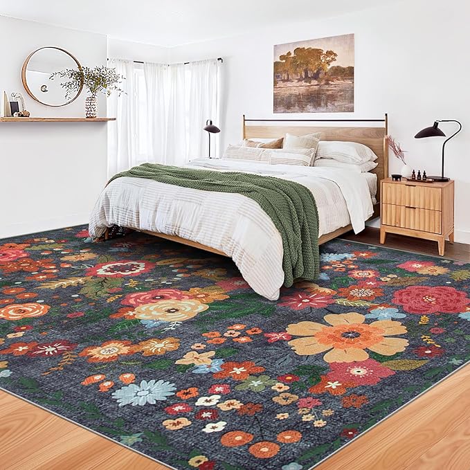 8x10 Area Rug for Living Room: Vintage Floral Washable Rug Soft Boho Non Slip Carpet Large Indoor Floor Non Shedding Low Pile Thin Carpets for Bedroom Dining Room Farmhouse Nursery Home Office Black