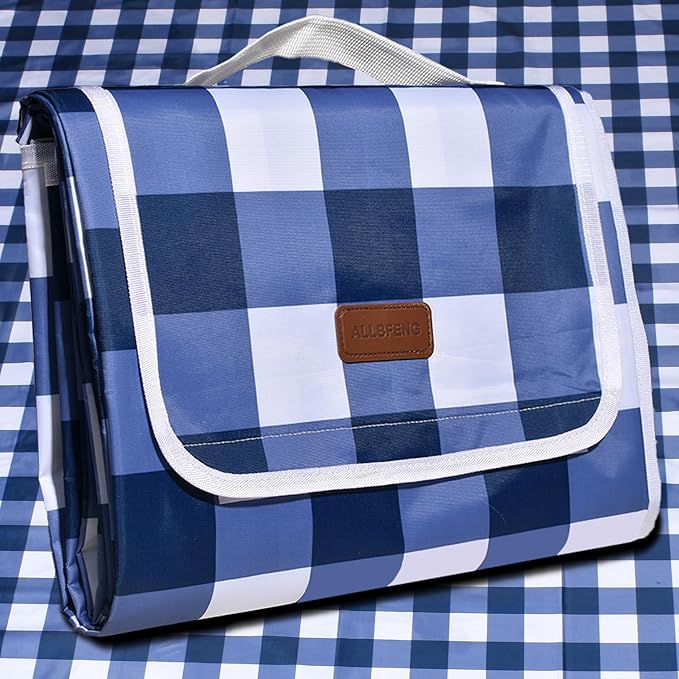 80"x80" Extra Large Waterproof Outdoor Mat - Sandproof Foldable Picnic Blanket for Family Camping, Backyard, Beach Parties - Heavy Duty & Easy Storage (Blue&White)