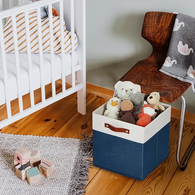 HNZIGE Fabric Storage Cubes Bins for Shelves,13x13 Storage Cubes, Set Of 4 Foldable Cubby Storage Bins for Organizing, Cloth Blue Storage Baskets for Cube Organizer Toy Nursery Shelves(Blue&White)