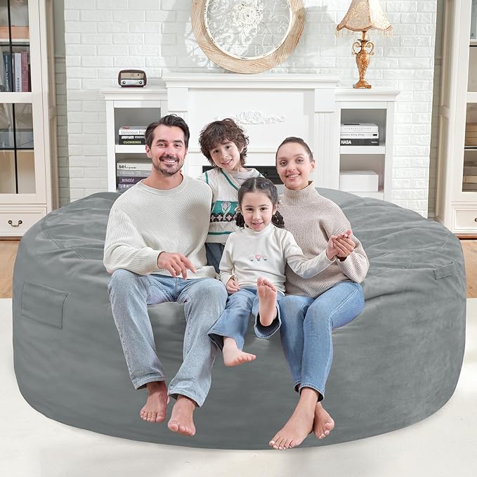 6FT Bean Bag Chair, Large Bean Bag Chairs with Memory Foam Filled, Fluffy Beanbag Sofa with Dutch Velvet Cover, Round BeanBag Chairs for Living Room, Playroom - Light Grey