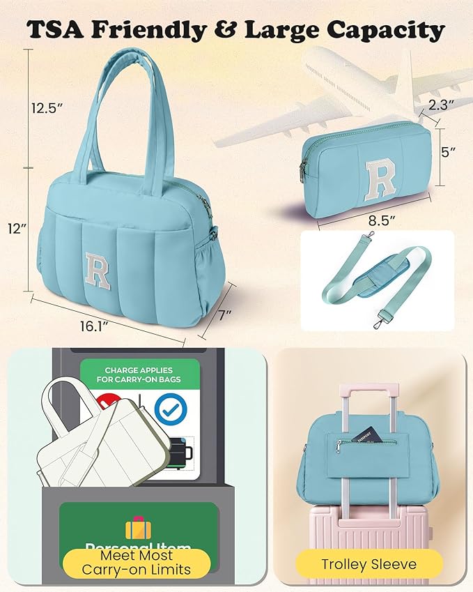 Duffle Bag, Weekender Bags for Girl，Initial Overnight Bag with Wet Pocket，Teenage Girl Gifts-Lightweight Dance Bags Personalized Gymnastics bag with Makeup Pouch