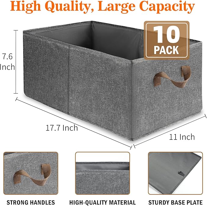 10 Pack Large Capacity Storage Bins, 25L Fabric Closet Organizer With Handles, Collapsible Baskets for Shelves, Clothing, Sheets, Books, Toys (Gray)