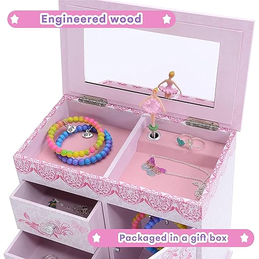 Jewelkeeper - Ballerina Jewelry Box for Girls with 3 Pullout Drawers - Ballerina Music Box with Swan Lake Tune - Ballet Slipper Design - Jewelry Storage Organizer for Necklaces and Bracelets
