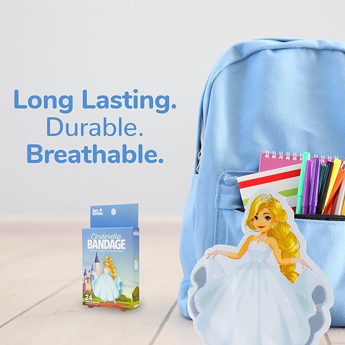 BioSwiss Bandages, Princess Cinderella Shaped Self Adhesive Bandage, Latex Free Sterile Wound Care, Fun First Aid Kit Supplies for Kids and Adults, 24 Count
