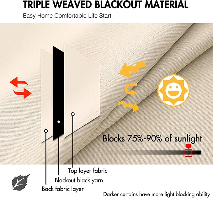 ANRODUO Back Tab Blackout Curtains for Bedroom Living Room, Rod Pocket Pinch Pleated Thermal Insulated Room Darkening Curtains 72 Inches Long 2 Panels, Cream Beige, 42 x 72 Inch