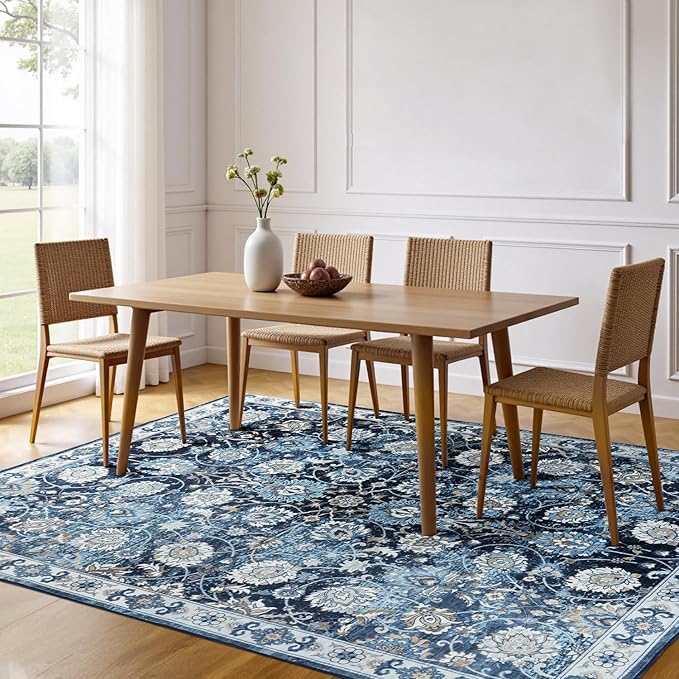 6x9 Area Rug for Living Room & Bedroom, Washable Non-Slip Vintage Rugs, Floral Soft Carpet, Low Pile Wool Carpets for Indoor Dining Home Office Playroom Under Table, Modern Decor, Blue Garden