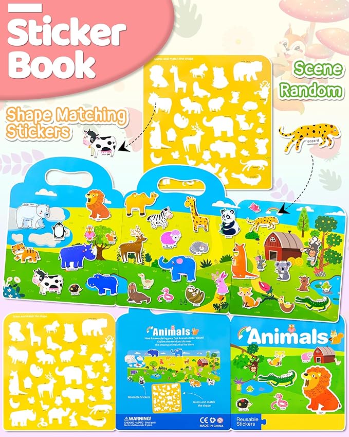 Benresive Reusable Sticker Books for Kids 2-4, Sticker Books for Toddlers 1-3 2-4, Toddler Travel Toys Activities Crafts Gifts - Animal