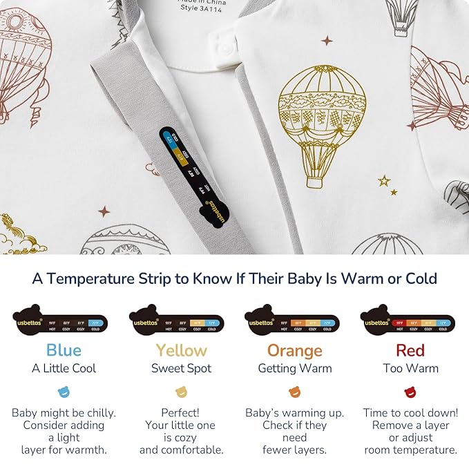 Baby Sleep Sack 12-18 Months, Cotton Detachable Long Sleeve Sleep Sack, 1.0 Tog Toddler Sleeping Sack with Temperature Strips, 2-Way Zipper Wearable Blankets for Newborns, Hot Air Balloon