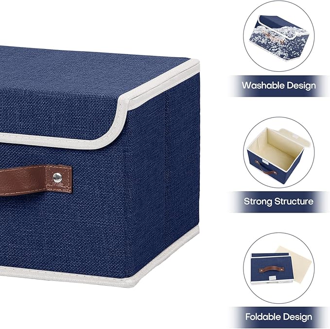 ANMINY 4PCS Storage Bins with Lid PU Leather Handles Storage Boxes PP Plastic Board Decorative Foldable Lidded Cotton Linen Fabric Home Cubes Baskets Closet Organizer Containers - Blue, Small Size