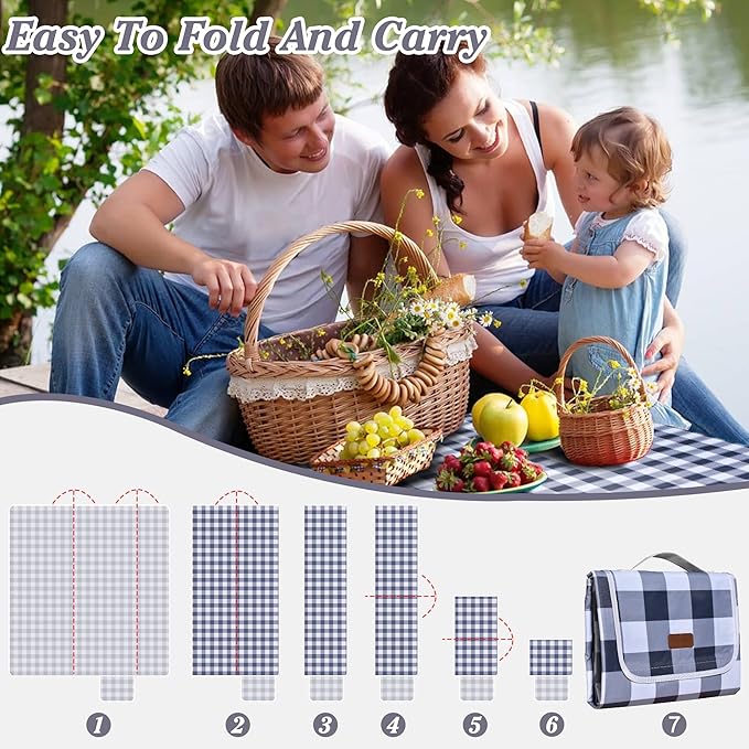 80"x60" Waterproof Sandproof Picnic Mat - Portable Foldable Outdoor Blanket for Beach, Park, Travel & Indoor Use - Lightweight Compact Design, Easy-Carry (Gray&White)