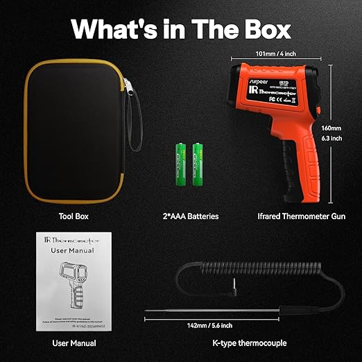 Infrared Thermometer Temperature Gun -58°F to 1796°, 16:1 Non Contact Laser Thermometer Gun with Thermocouple Probe for Humidity, Pizza Oven, Griddle, Ir Temp Gun for Home and Industry Repair