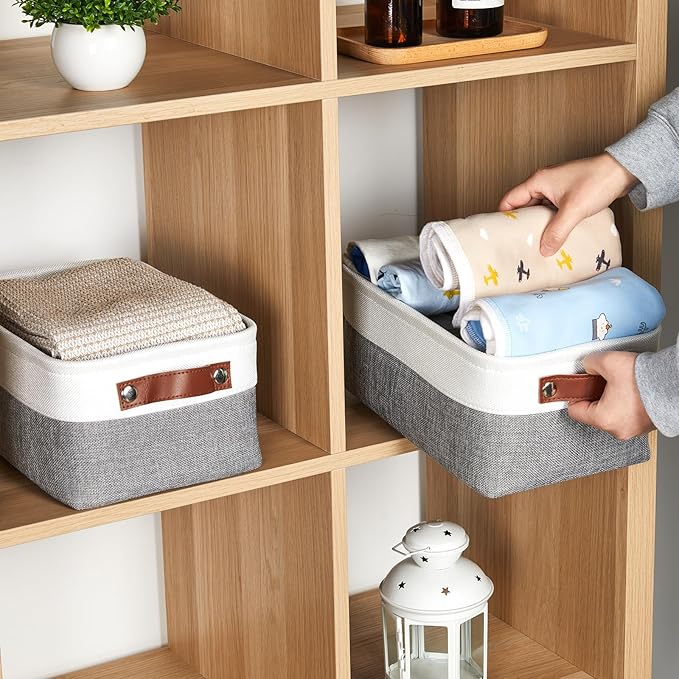 DULLEMELO Storage Baskets for Shelves, Small Fabric Storage Bins with Handles, Decorative Foldable closet storage baskets for organizing shelves(White&Grey, 2 Pack)