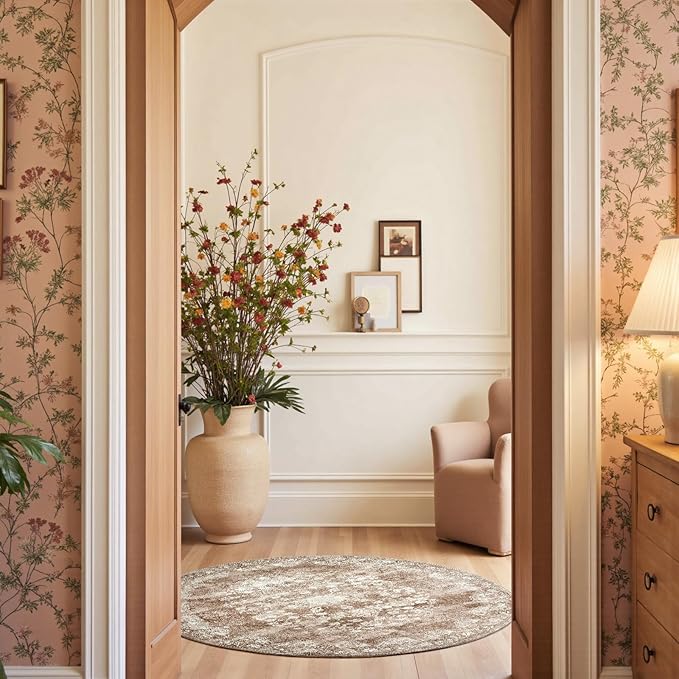 jinchan Round Rug 5ft Area Rug - Brown Vintage Floor Mat Kitchen Indoor - Washable Circle 5' Thin Floral Print Carpet Retro Farmhouse Non Slip Dining Room Living Room Bedroom Office