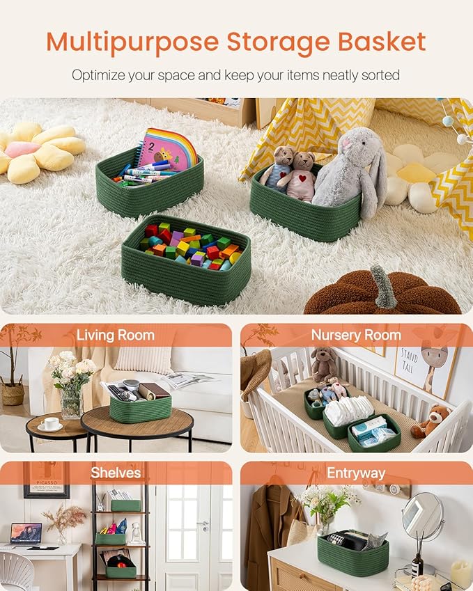 KALLAX Small Woven Basket, 12 x 8 x 4.5 Inches, Storage Basket for Organizing, Cute Small Rope Shelf Closet Cube Storage Bins Baskets for Shelves, Dog Toy Gift Baskets Empty, 3 Packs, Green