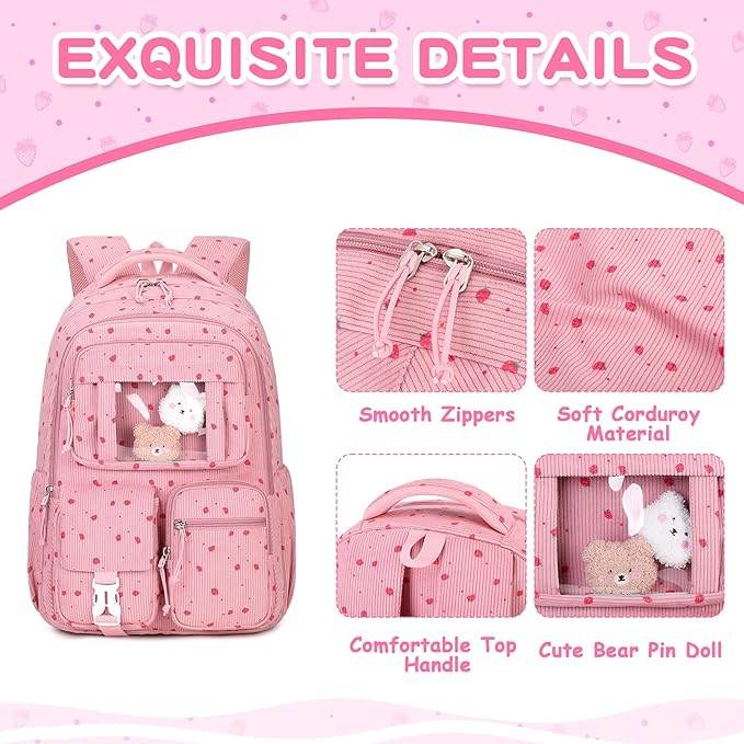 Corduroy Backpack Kids Backpack for Girls School Bags for Middle School Students Book Bag for Elementary Primary Kawaii Ita Backpack, Pink Strawberry