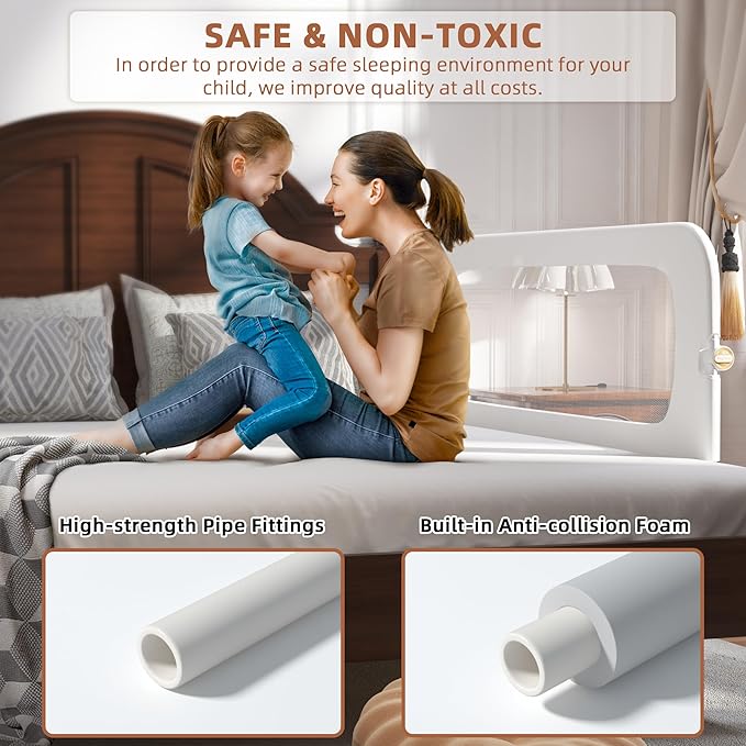 Bed Rail for Toddlers, Baby Bed Rail Guard for Kids, Toddler Bed Rails with Reinforced Anchor Fit, Height Adjustable & Foldable Bed Rail Guard for Twin, Full, Queen & King Beds (White, 59IN)