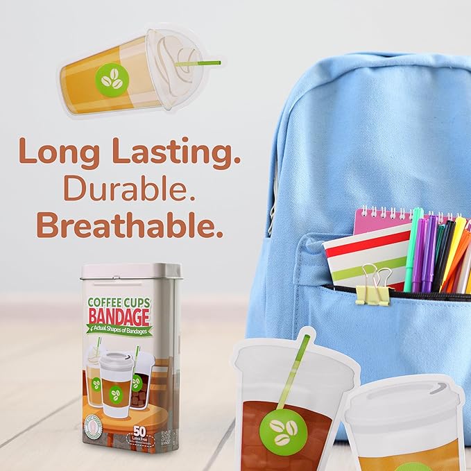 BioSwiss Bandages, Coffee Cup Shaped Self Adhesive Bandage, Latex Free Sterile Wound Care, Fun First Aid Kit Supplies for Kids, 50 Count