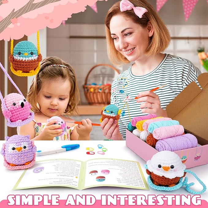 Crochet Kit for Beginners -4 PCS Bird Crochet Kits with Step-by-Step Video Tutorials, Beginner Crochet Kit for Adults and Kids, Crochet Birds On The Swings(Mallard Bald Eagle Flamingo Owl)