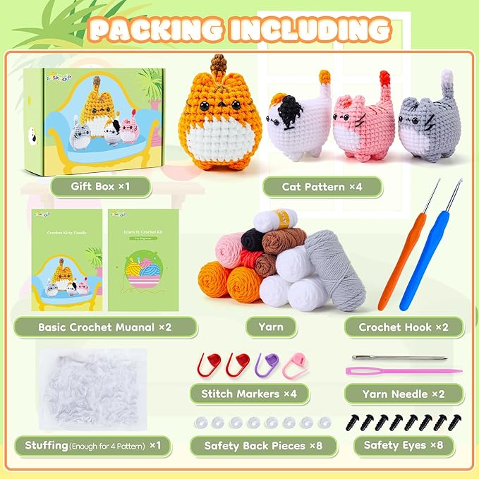 Crochet Kit for Beginners-4PCS Cat Crochet Kits for Adults, Crochet Starter Kit with Step-by-Step Video Tutorials, Crochet Animals Kits DIY Craft Knitting Kit Learn to Crochet Kits for Adults