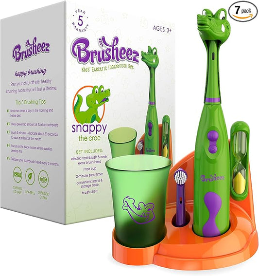 Brusheez Kids’ Electric Toothbrush Set - Safe & Effective for Ages 3+ - Parent Tested & Approved with Gentle Bristles, 2 Brush Heads, Rinse Cup, 2-Minute Timer, & Storage Base (Snappy The Croc)