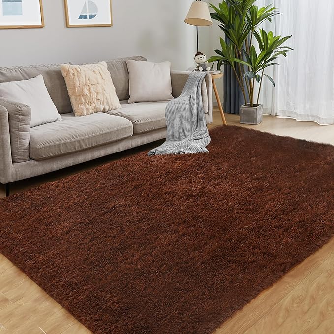 Area Rug 4x5.8, Soft Rugs for Living Room, Plush Fluffy Rugs for Bedroom, Non-Slip Indoor Carpet for Nursery, Study Room, Playroom, Home Decor, Brown