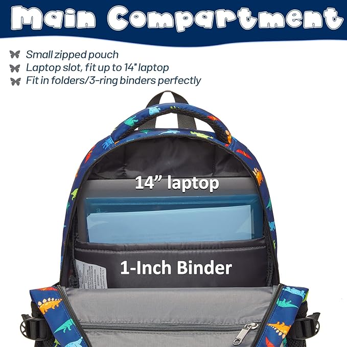 BLUEFAIRY Kids Backpack for Boys Elementary Primary Middle School Bags Back to School Bookbags Gifts Large Compartment with Tablet Sleeve Mochilas para niños 17" Dinosaur Navy Blue