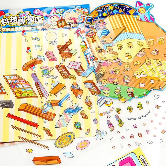 4 Sets Big 3D Sticker Scenes DIY Craft Kit – Build Your Own Miniature Rooms Stickers Book(Museum/Ski Resort/Amusement Park/Aquarium) for Kids & Adults, Creative Craft Kit for Gifts