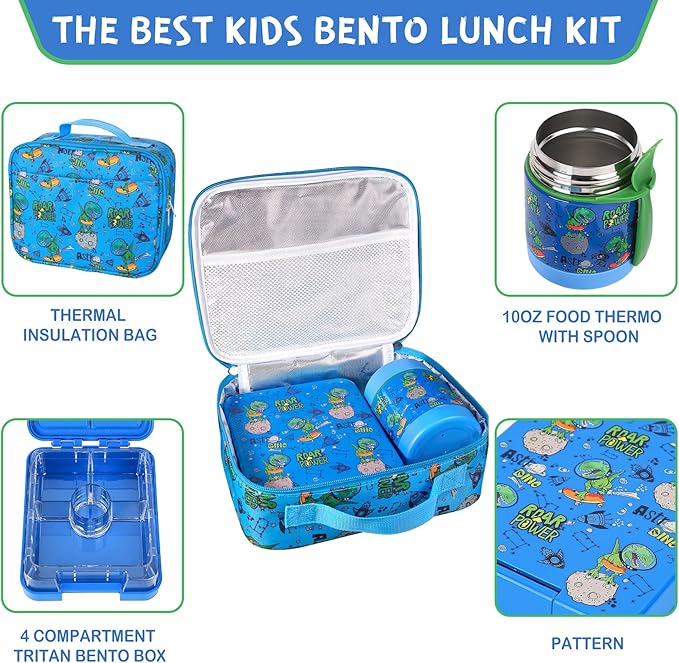 Bento Lunch Box Set With 10oz Soup Thermo, Leak-proof Lunch Containers with 4 Compartment, Kids Hot Thermo Food Jar/Insulation Lunch Bag, Food Containers for School（Dinosaur）