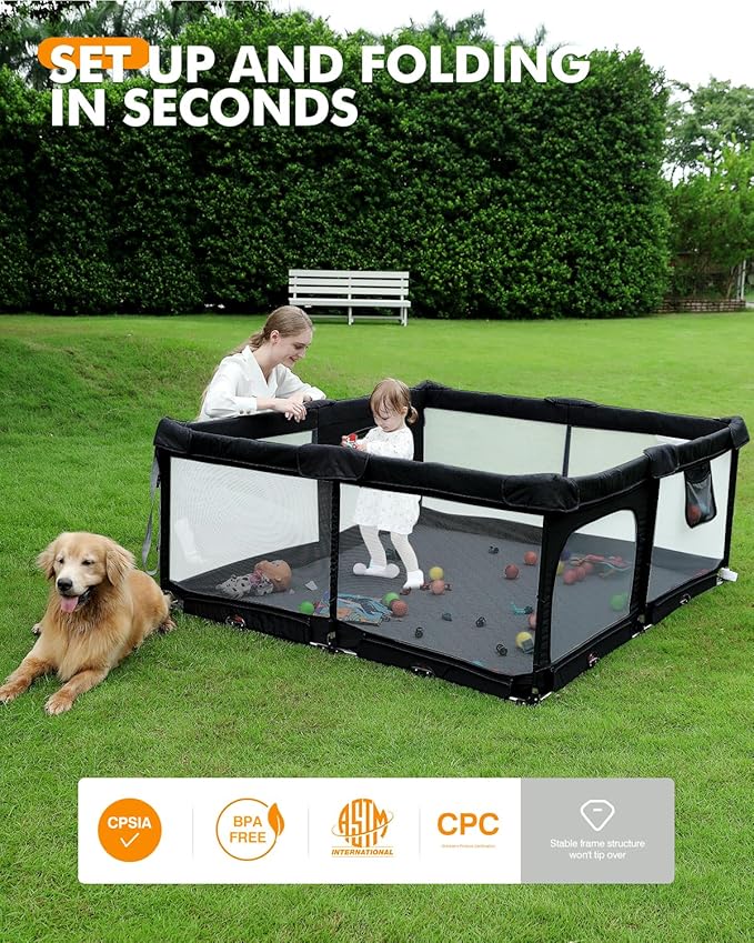 Foldable Baby Playpen with Non-Removable Thick Mat, Extra Large Collapsible Play Yard for Babies & Toddlers, Portable Travel Playpen with Gate, Safe Activity Center (51"×51" Black)