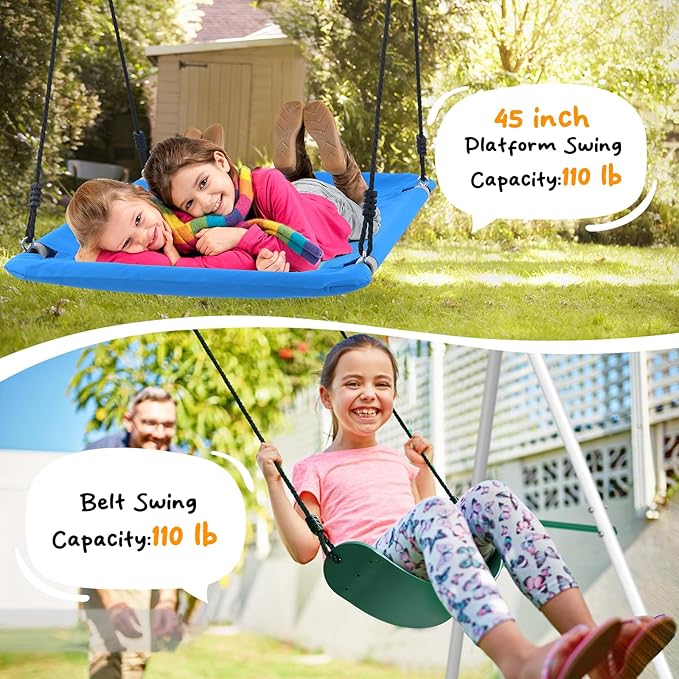 Hapfan Swing Sets for Backyard with Monkey Bars, Belt Swing, Platform Swing, Climbing Net, Trapeze Bar, Outdoor Playset for Kids