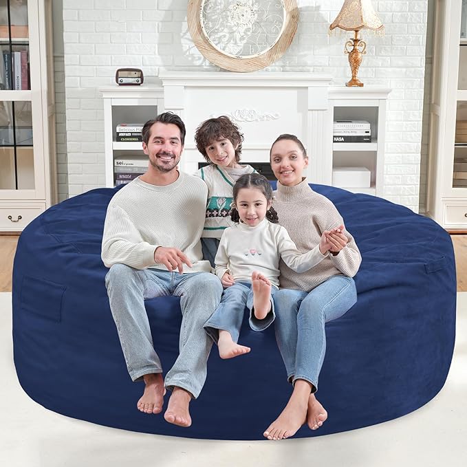 6FT Bean Bag Chair, Large Bean Bag Chairs with Memory Foam Filled, Fluffy Beanbag Sofa with Dutch Velvet Cover, Round BeanBag Chairs for Living Room, Playroom - Blue