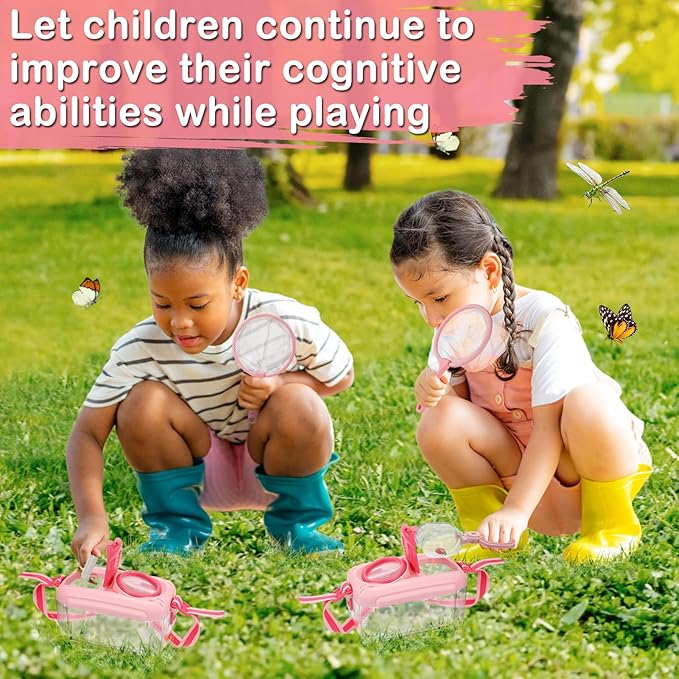 2Sets Bug Catcher for Kids- Sturdy Kids Bug Catching Kit Gifts with Collector Butterfly Net Tweezer, Bugs Habitat Outdoor Explorer Kit for Age 3 4 5 6 7 8, 8Pcs, Pink